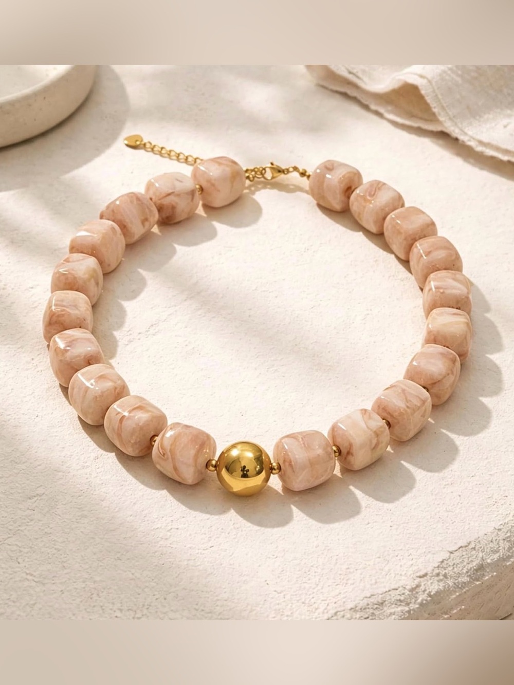 Neutral Marbled Beige Statement Bead Necklace with Gold Accents - Picture 1 of 6